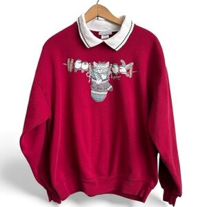 Vintage Morning Sun Cat & Birds Sweatshirt 1XL Made in USA